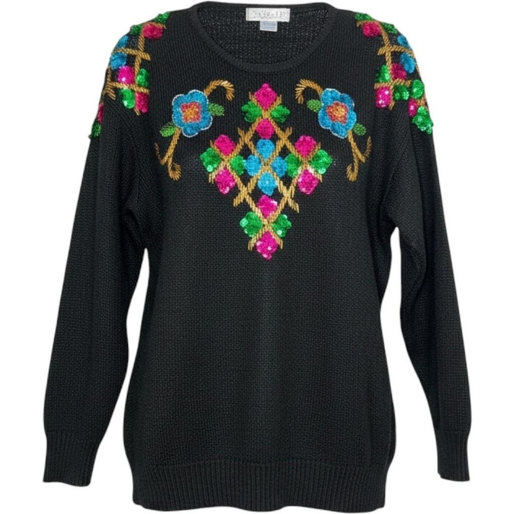 Crystal Kobe Sweater Women Small Black Beaded Sequin Floral Vintage Knit Top